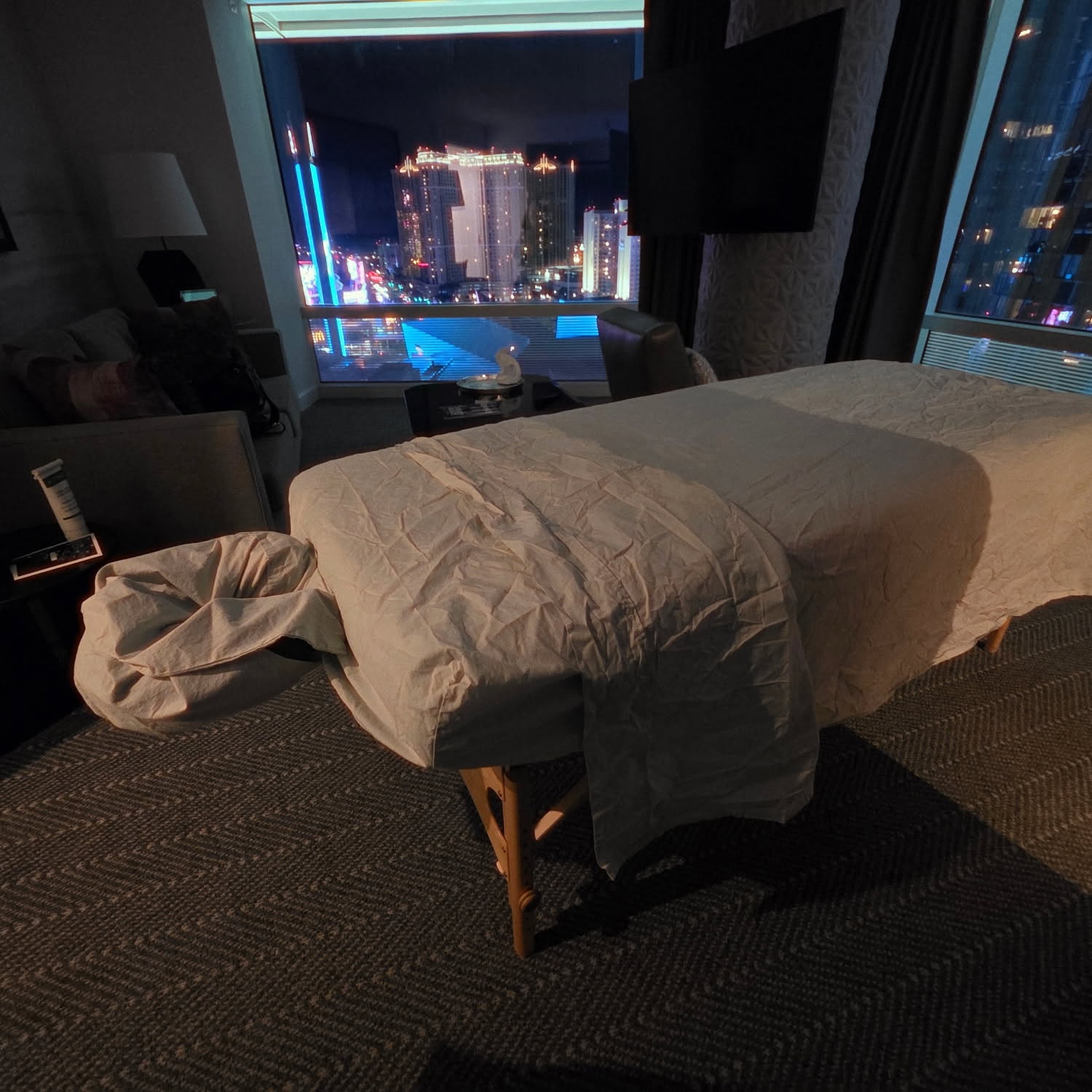 Massage table set up in a Las Vegas Strip hotel suite